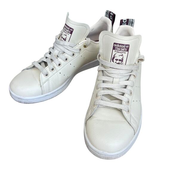 adidas Shoes - Adidas Stan Smith Women 7.5 Cream Leather Sneakers Burgundy Logo Casual H00631